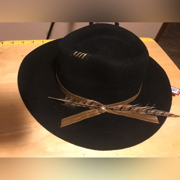 100% wool black rancher hat upcycled  golden ribbon button and feather. - Picture 3 of 3